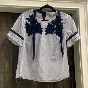 Crown and Ivy stripe shirt with velvet flower, trim & tie XS